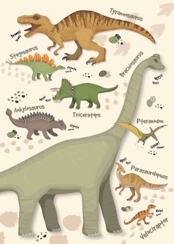 forskellige dinoer, deres lyde og fodspor på gul baggrund