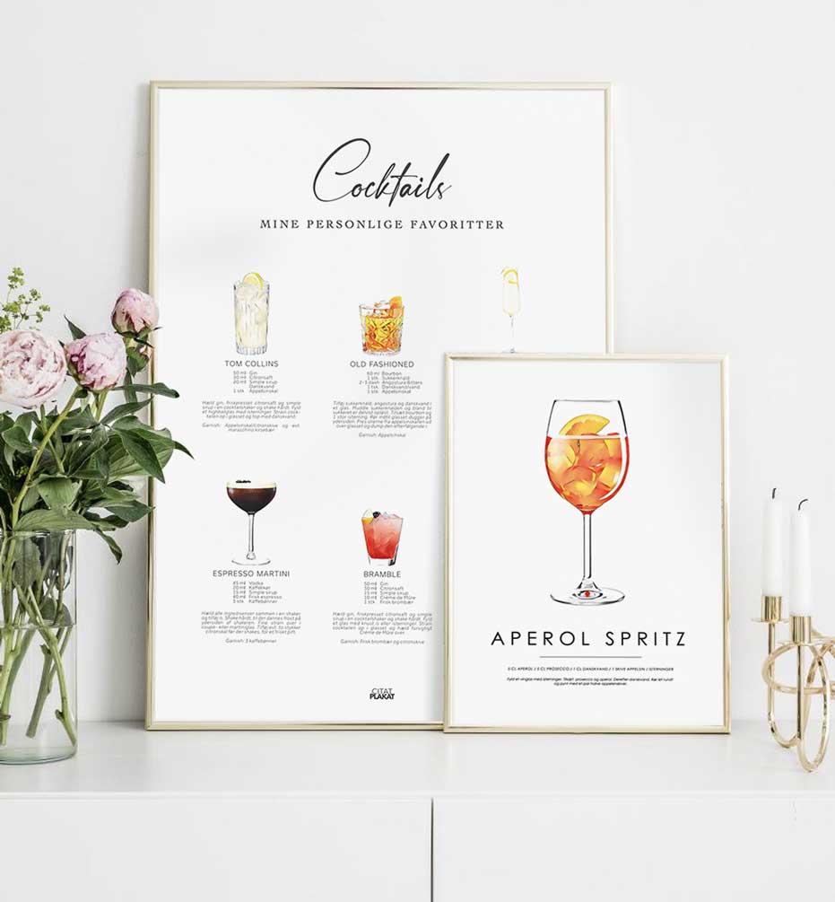 plakater med cocktail og drinks opskrifter